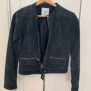 Mango Genuine Leather Biker Jacket (Navy)